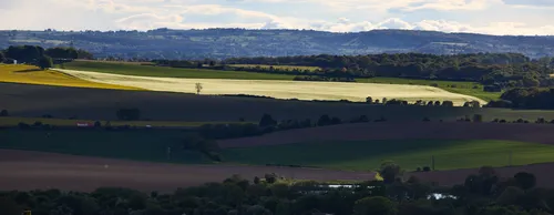This landscape photograph, taken in Derbyshire, England, United Kingdom, features an agricultural scene with fields stretching across gently rolling hills. The main subject of the image is a sunlit section of farmland that stands out strikingly against the surrounding fields in deep shadow, creating a dramatic visual contrast. The photograph was captured in the early evening during the spring season, as indicated by the vibrant green of the crops and the lengthening shadows. The distant hills and layered countryside add depth to the view, emphasizing the rural character and agricultural productivity of this part of Derbyshire.